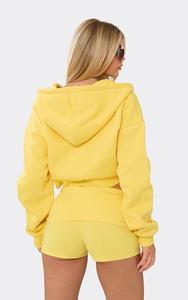 Ensemble de survêtement jaune à capuche pour femme, coupe courte, double fermeture éclair, manches longues, couleur unie, coupe ample, décontracté, pour le printemps, avec logo imprimé - Product Image 4