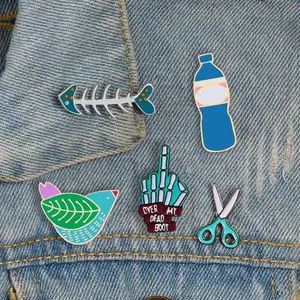 Creative metal enamel brooch scissors fish bone bottle rooster blue fashion pin badge