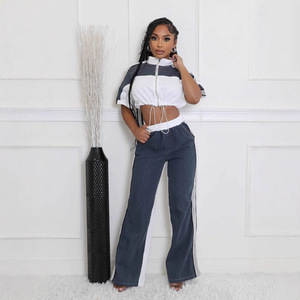 Conjunto de Calças de Jeans com Detalhes em Denim e Zíper, Top com Gola, Calças de Perna Larga, Conjunto <span class=keywords><strong>Casual</strong></span> Feminino - Product Image 2