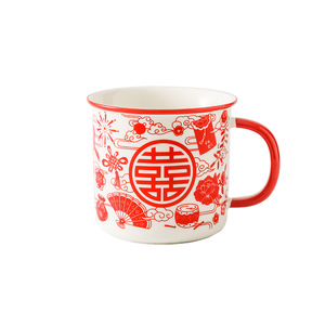 Tasses à café en céramique de Chaozhou 401-500ml, design double bonheur rouge, ensemble cadeau pour couple - Product Image 3
