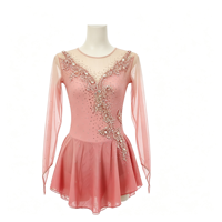 Robe de patinage rose pour enfants et adultes, en maille, à manches longues, avec strass, dos lacé, jupe superposée, pour compétition et spectacle de patinage sur glace