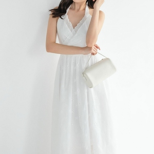 Robe midi décontractée sans manches en coton tissé blanc à col licou et dentelle, coupe trapèze, printemps-automne, personnalisable OEM ODM - Product Image 3