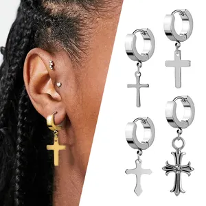 Ouro Prata Alta Qualidade Christian Cross Jóias Aço Inoxidável Huggie Cross Stud Earrings