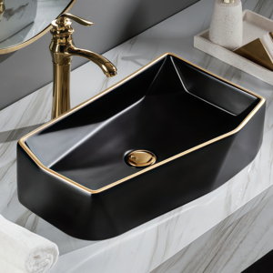 Oferta Especial: Lavabo de Diseño Irregular para Baño, con Borde Dorado, Ecológico, Negro, para Encimera - Product Image 1
