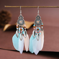Grosir grosir grosir buatan tangan Bohemian Boho anting-anting mode halus menjuntai jatuh bulu asli rumbai panjang untuk wanita