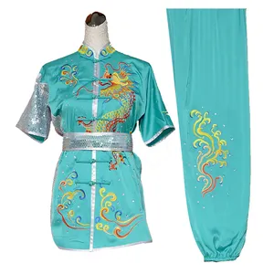 Chinese Custom Kungfu Performing Suit Blue Embroidery Martial Art Wu Shu Taichi Uniform