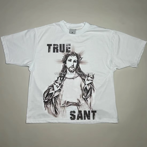 Vintage Jesus Portrait Print Boxy Tee Heavy Weight Cotton Distressed Short Sleeve Unisex Custom OEM Graphic <b>T</b> Shirt Wholesale - Product Image 1