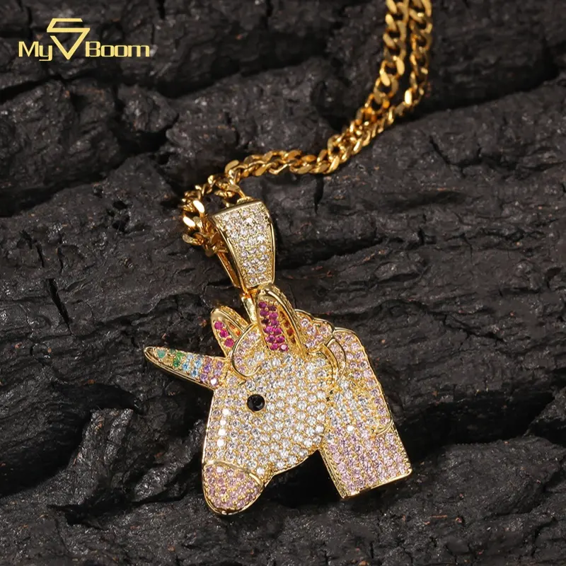 Trend Fashion Cartoon Cute Unicorn Head Shape Pendant And Chain Set Full Diamond Copper Alloy Luxury Engagement Fine Jewelry