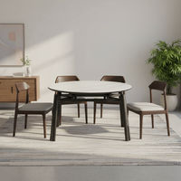 Table à manger ronde extensible en marbre moderne avec plateau en marbre blanc et pieds en bois, gain de place, pour 4 à 6 personnes, pour la maison et la cuisine