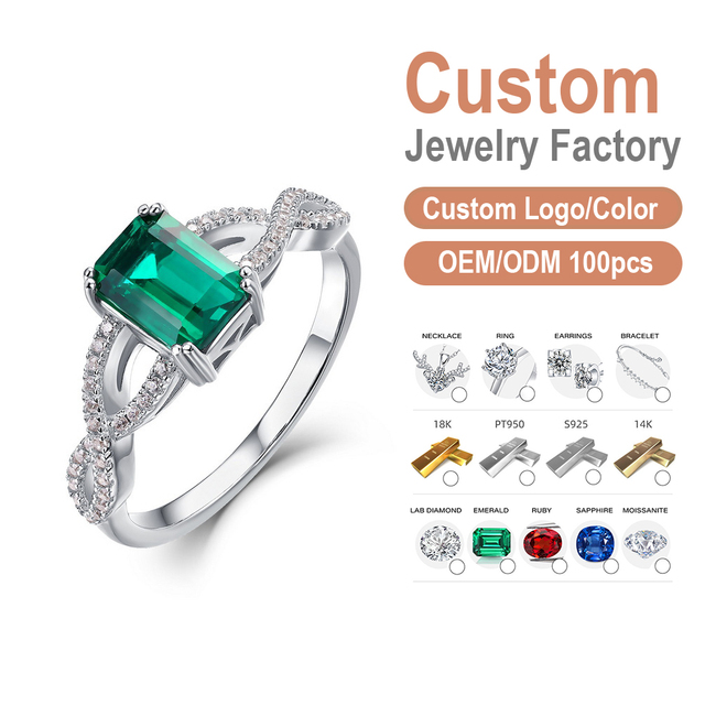 GIA Certified Emerald Cut Emerald Ring Platinum Plated 925 Silver Custom Factory OEM ODM Wholesale