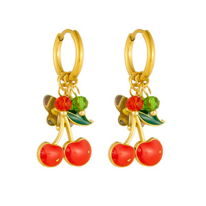 Fashionable Gold Plated Cherry Pendant Hoop Earrings With Iridescent Butterfly And Colorful Beads For Party Wear - Product Image 5