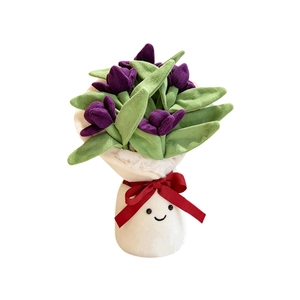 Affascinante Bouquet di Tulipani Viola in Peluche, Vaso Sorridente con Fiocco Rosso, Morbido Giocattolo Floreale per Decorazione Domestica e Dolce Regalo per Lei - Product Image 1