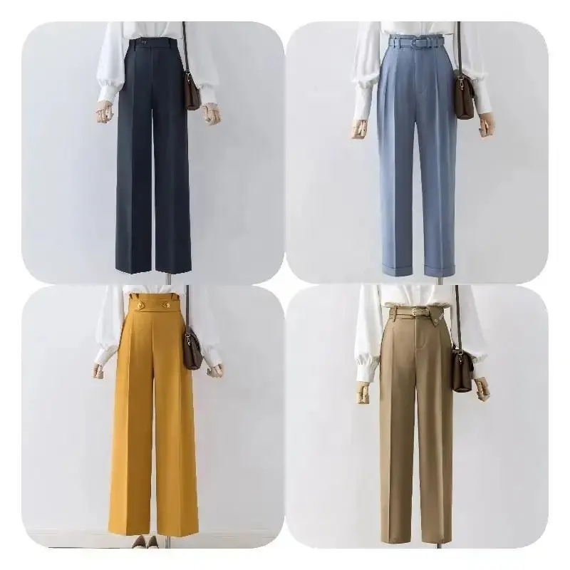 Pantalones de salón Palazzo de pierna ancha sólida para mujer, pantalones elásticos de cintura alta de pierna recta informal