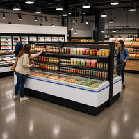 Congélateur îlot combiné long avec étagères supérieures, présentoir en acier, couvercle coulissant en verre éclairé par LED, dégivrage automatique, pour supermarché