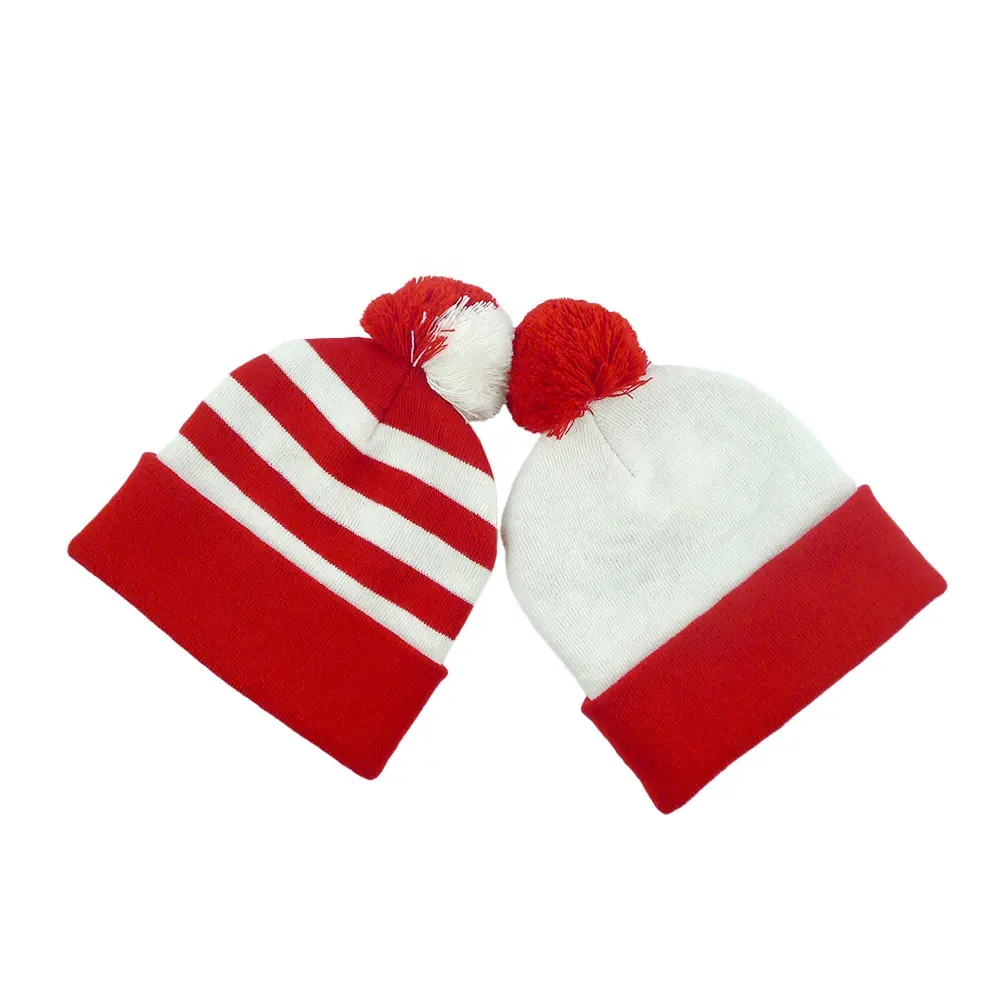 100% Acrylic Knitted Hat With Pom Pom White Red Santa Cap Adult Kids Winter Cuff Beanie Holiday Party Gift Christmas