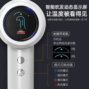 Sèche-cheveux sans lame haute vitesse avec écran d'affichage, moteur sans balais, protection thermique ionique pour un séchage rapide, usage domestique - Product Image 1
