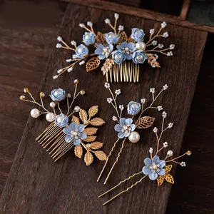 Luxury Blue Flower Bridal Hair Accessories Crystal Peals Hair Combs Wedding Hair Clips Jewelry Handmade Women Headpieces
