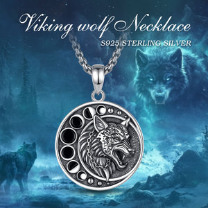 Merryshine in argento Sterling 925 fase lunare nordico lupo celtico e luna uomini Witcher vichella testa di lupo collana pendente per gli uomini - Product Image 6