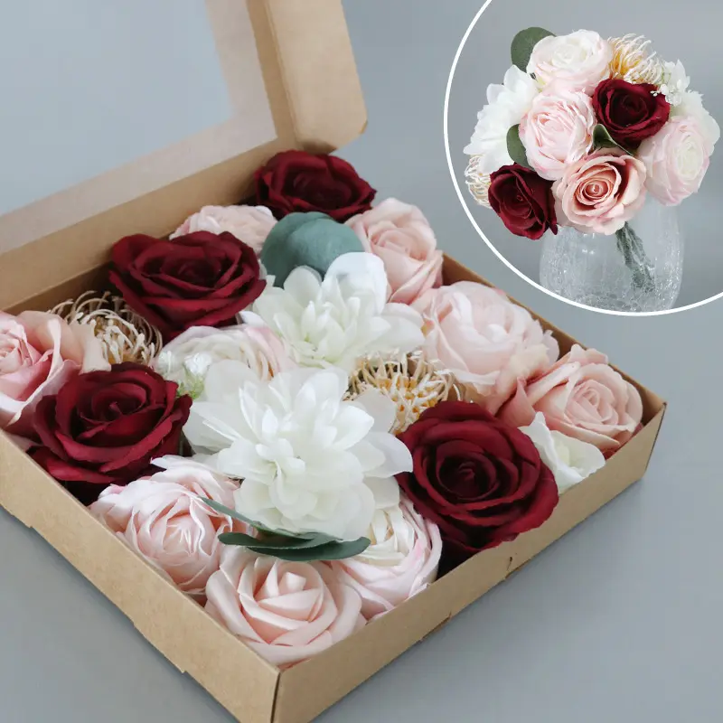 Bouquet da sposa fatto da te rose finte fiori artificiali bordeaux verde base scatola combinata per la decorazione della casa della tavola del partito