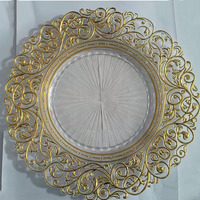 Assiettes de présentation rondes de luxe vintage transparentes noires de 13 pouces en plastique doré et argenté pour mariage et dîner