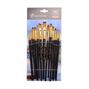 Hot Selling 15pcs Watercolor Painting Brush Set Round and Flat Nylon Hair with Wood Handle for Oil and Watercolor Art - Product Image 2