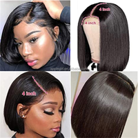 Perruque Bob Lace Closure 4x4 pas chère, sans colle, en cheveux humains mélangés, pré-coupée, perruques Lace 4x4 sans colle, perruques Bob courtes avec closure, 8-16 pouces