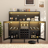 Meuble bar à vin en bois noir avec éclairage LED, étagères de rangement pour bouteilles et verres, idéal pour la maison - Vente en gros