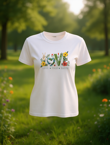 T-shirt da donna Love Peace And Earth in tinta unita, manica corta, girocollo, vestibilità comoda, 100% cotone, stampa floreale, stile casual - Product Image 2