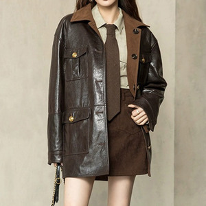 Manteau en cuir à simple boutonnage et col de chemise vintage Veste en cuir de mouton à cordon de serrage pour femmes - Product Image 2