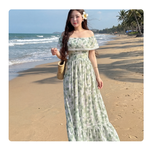 Women’s Floral Chiffon Off Shoulder <b>Maxi</b> <b>Dress</b> <b>Flutter</b> <b>Sleeve</b> Flowy A Line Resort <b>Dress</b> OEM ODM Wholesale Vietnam Manufacturer - Product Image 1