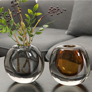 Round Glass Tabletop <b>Vase</b> Handmade Minimalist Design Amber Color Floral Display - Product Image 5