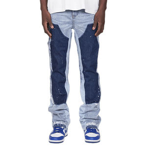 Jeans personnalisés à bords coupés avec patchs, jeans superposés, pantalons en denim baggy à éclaboussures de peinture, jeans évasés vintage pour hommes, mode masculine - Product Image 1