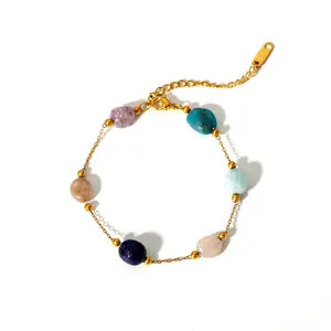 Fashion Colored Irregular Natural Stone Jewelry 18k Gold Plated Bracelet For Girls