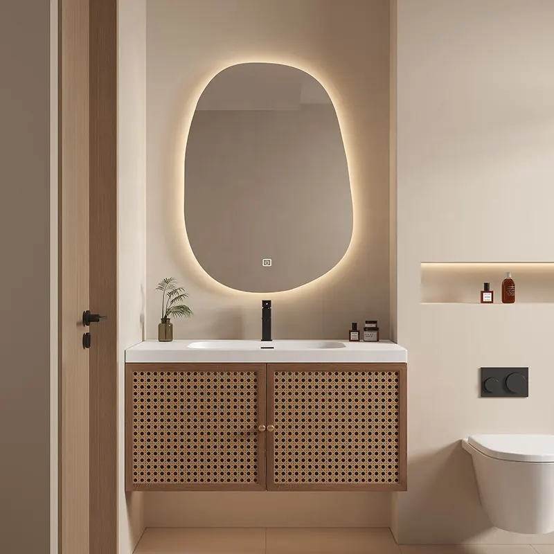 Estilo japonés integrado lavabo ratán tejido gabinetes de baño lavabo de cerámica tocador de baño