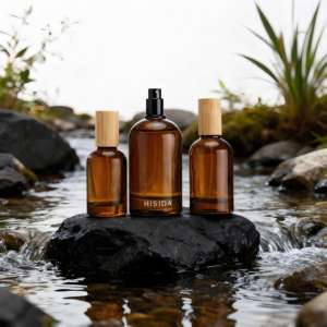 Nouveau design Bouteille de parfum ronde en verre ambré 30ml 50ml 100ml Bouteille de parfum vide avec couvercle en bois - Product Image 2