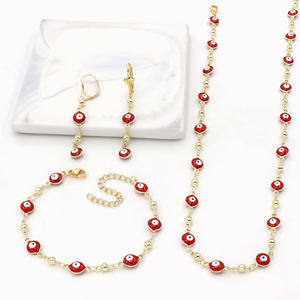 Parure de bijoux trois pièces plaqué or 14 carats avec zircon, motifs gouttes d'huile, yeux bleus et rouges, et cœur, pour femme - Product Image 4