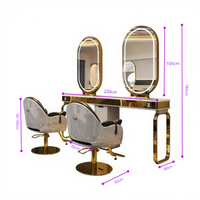 Mobilier de salon de coiffure élégant, table de barbier 4 places, bureau à double miroir avec éclairage LED, base argentée, miroir mural pour salon de beauté