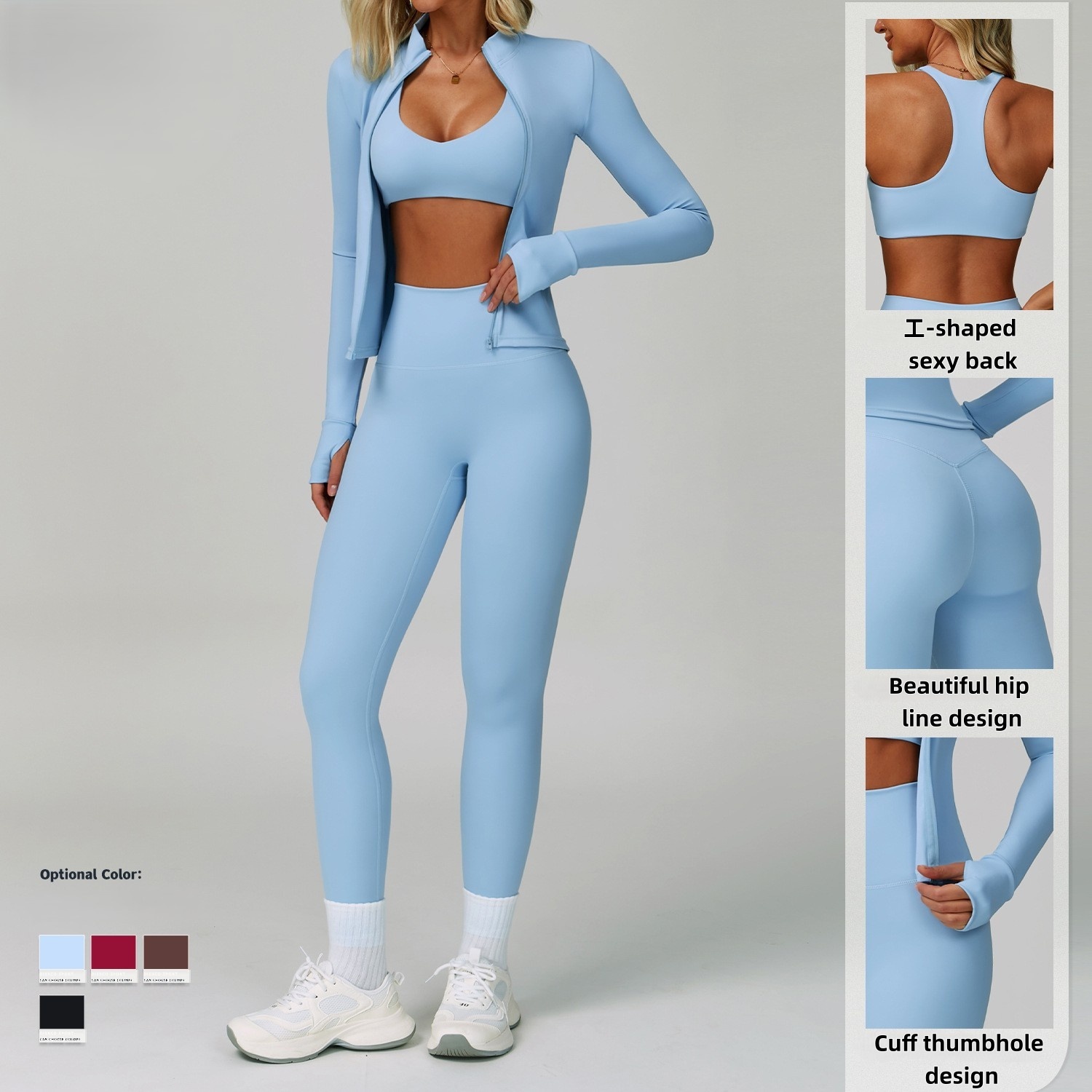 Naked-Feel Backless High-Waisted Yoga Set Spandex/Polyester Quick-Dry Three-Piece Sports Wear for Outdoor Fitness