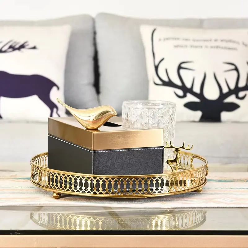 European style luxury golden rectangular round metal mirror display tray Custom jewelry decorative tray