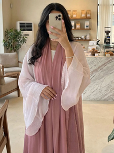 Nuevo vestido musulmán maxi con mangas plisadas en degradado a la moda, con hiyab a juego, modesto, para mujer, tipo abaya. - Product Image 2
