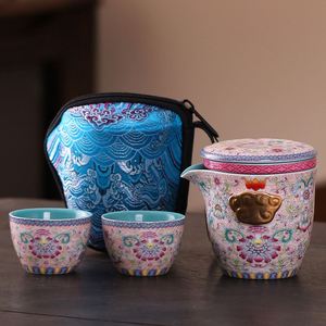 Hot-selling Ceramic Enamel Portable Teapot Set with Lovely Cups and Hand Bag Portable Teapot - Product Image 1