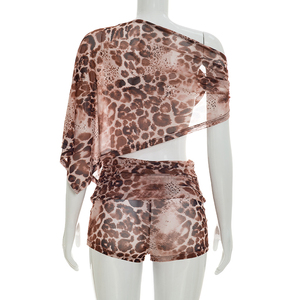 Viviblook J26ST186 Women Summer <b>Set</b> <b>Mesh</b> Leopard Print Cape Crop Top Shorts <b>Two</b> <b>Piece</b> <b>Set</b> - Product Image 5