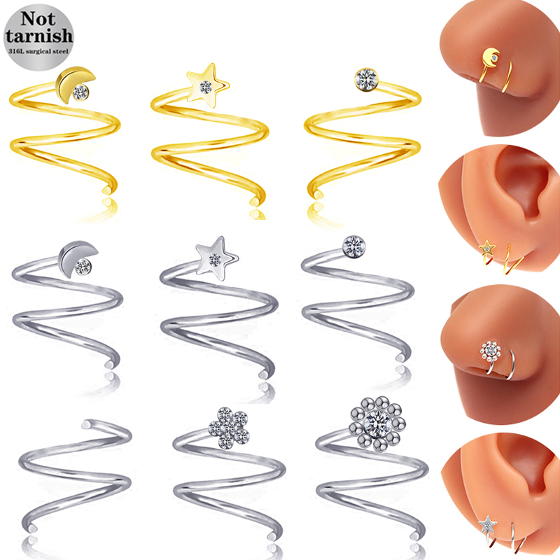 Gaby Schmuck 316 L chirurgischen Stahl Spiral Nasenring Edelstahl Ohrringe Nase Piercing Schmuck für Frauen