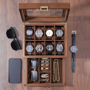 Caja <span class=keywords><strong>de</strong></span> Madera Vintage para Relojes al por Mayor, Organizador <span class=keywords><strong>de</strong></span> Relojes para Hombre con 12 Ranuras, Estuche <span class=keywords><strong>de</strong></span> Exhibición <span class=keywords><strong>de</strong></span> Madera <span class=keywords><strong>de</strong></span> 2 Niveles con Tapa <span class=keywords><strong>de</strong></span> Cristal y Cajón para Joyas - Product Image 2