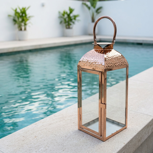 Wholesale High Quality Rose <b>Gold</b> Stainless Steel Hammered Top Handmade Candle Holder <b>Lantern</b> for Christmas Home Garden - Product Image 1