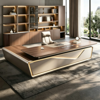 Bureau de direction en L moderne de luxe européen avec éclairage LED et armoire latérale, design en bois pour immeuble de bureaux commercial