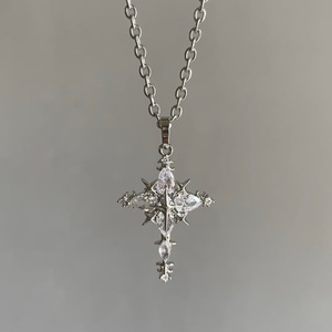 Collana con Ciondolo a Croce Gotica Multistella in Argento, Zirconia Cubica Marquise, Catena Sottile, Gioielli Streetwear per Uomo e Donna - Product Image 1