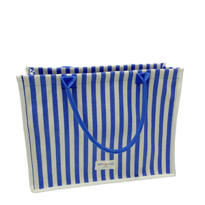 Bolso Tote de lona para mujer con logotipo personalizado, bolso de compras duradero de gran capacidad con rayas azules y asa para viajes y uso en la playa - Product Image 5