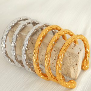 Fashion Bangle Stainless Steel Hammered Open Design Gold Silver Unisex Jewelry Gift for <b>Couples</b> - Product Image 1