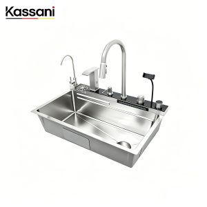 Fregadero de cocina hecho a mano Sinksmart, fregadero plateado con grifo extraíble, secador de manos y estilo cascada - Product Image 1